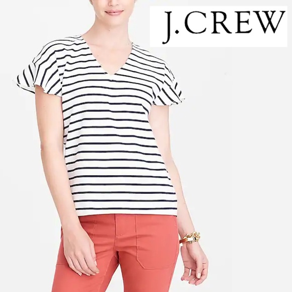 J. Crew Factory Tops - J Crew Stripe Flutter Sleeve Top Size Large white